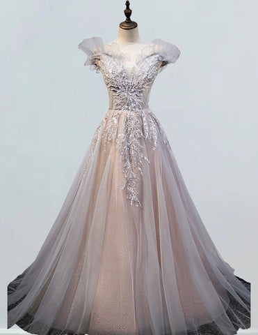 Elegant V-Neck Beaded Lace Tulle Prom & Evening Ball Gown for Girls