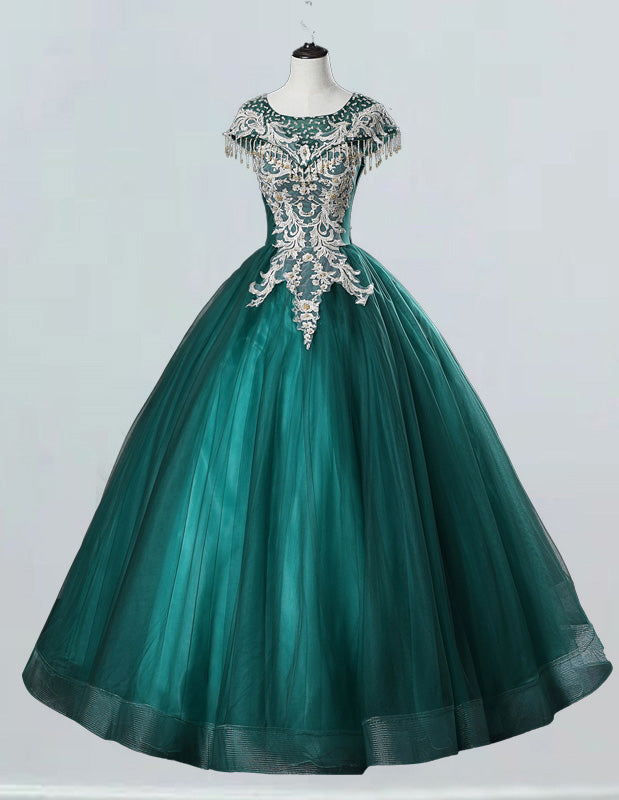 Elegant green lace applique prom gown with boat neck, princess evening dress for girls, formal ball gown dresses and bridesmaid attire1