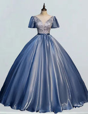Women's Elegant Blue Satin Sequin V-Neck Prom Dress | Scoop Neck Evening Gown
