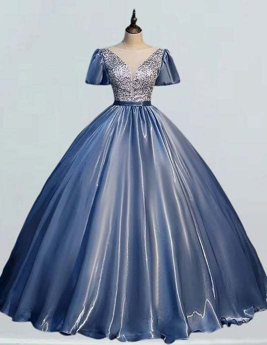 Elegant blue V-neck satin prom dress with beaded sequin lace for girls' formal events, including ball gowns and evening dresses0 VIMYES