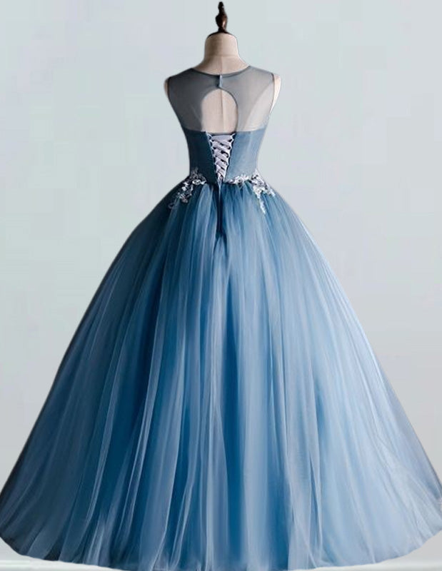 Elegant blue lace beaded girls' ball gown with sleeves for prom and evening events2