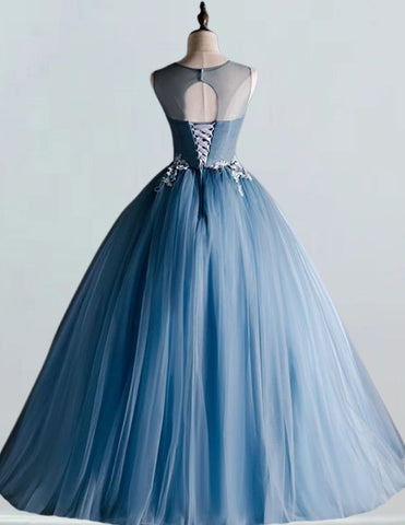 Elegant blue lace beaded girls' ball gown with sleeves for prom and evening events2