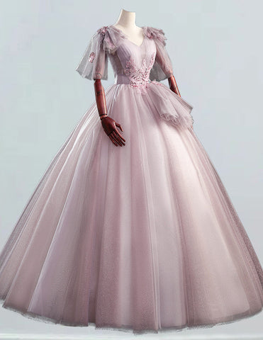 Pink v-neck fairy long tulle ball gown for bridal evening party prom dress with elegant and aesthetic design3