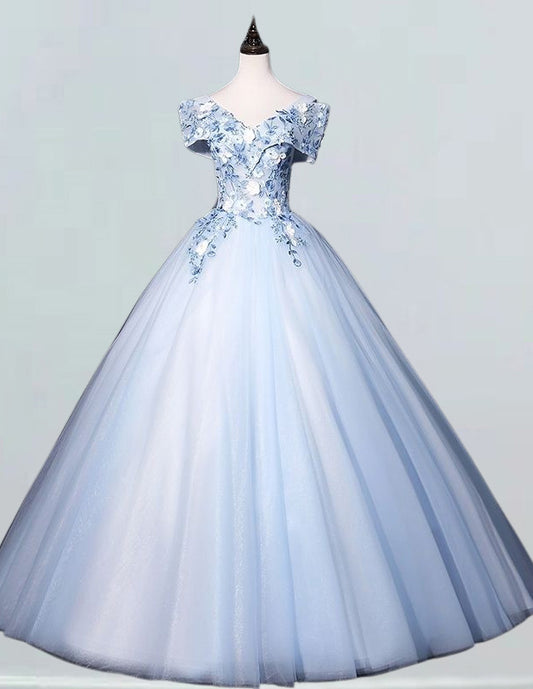 Elegant blue lace applique tulle prom gown with off-shoulder design for girls' formal events, including ball gowns, evening dresses, and bridesmaid attire2 VIMYES