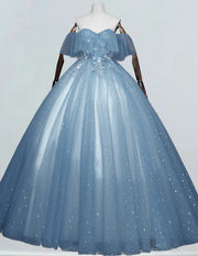 Blue Floor length Ball Gown Off-the-shoulder Princess Bridal Dress Applique Lace Evening DressTulle A line Long Formal Party Gown