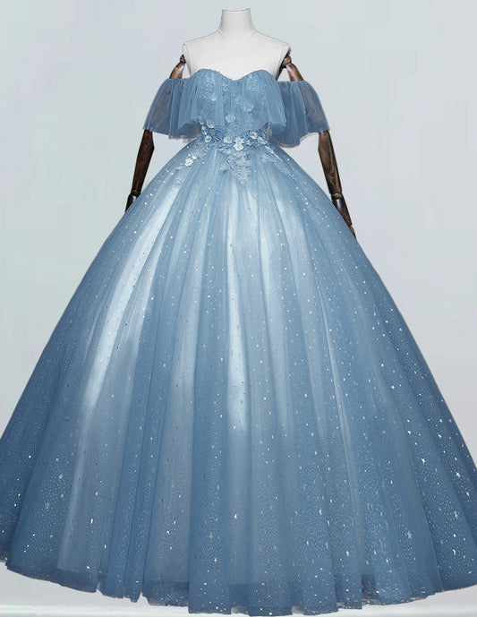 a blue ball gown on display on a mannequin