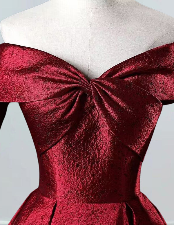 Burgundy off the shoulder satin prom ball gown with printed pattern, floor length evening dress, long plus size bridal gown for girls0