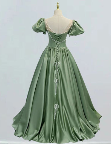 Elegant green satin prom gown with short sleeves, girls' formal ball gown dresses for princess party, evening and bridesmaid events0