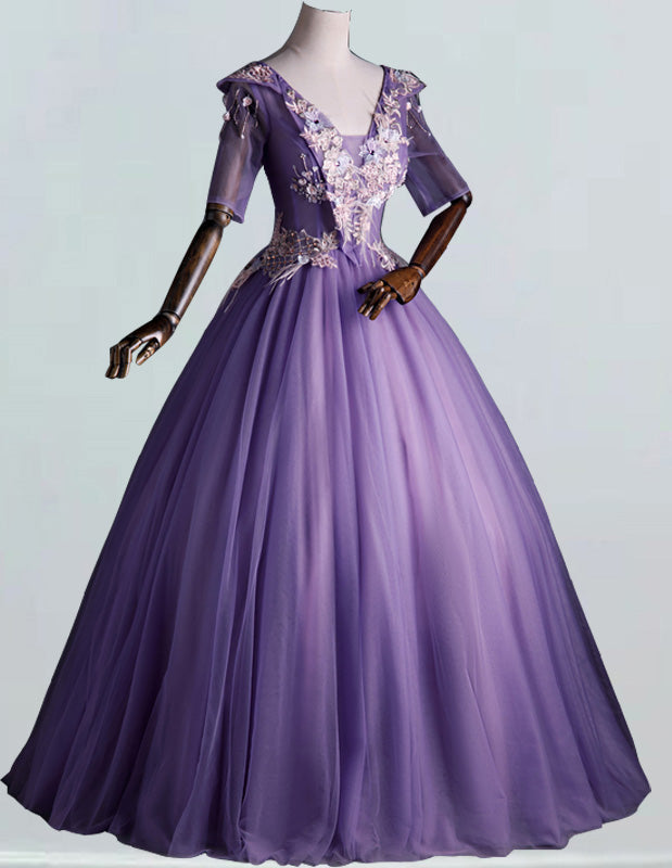 Elegant purple V-neck tulle prom dress with lace applique sleeves for girls3