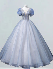 Blue v neck beaded lace applique short sleeve sparkle tulle ball gown prom dress