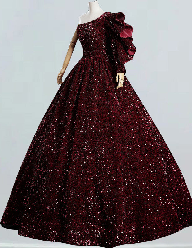 Burgundy one-shoulder sequin floor-length ball gown for quinceanera, elegant prom and bridesmaid dresses2