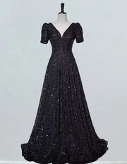 Women's Velvet Sequined V-Neck Prom Dress | Elegant Evening Gown with Sleeves