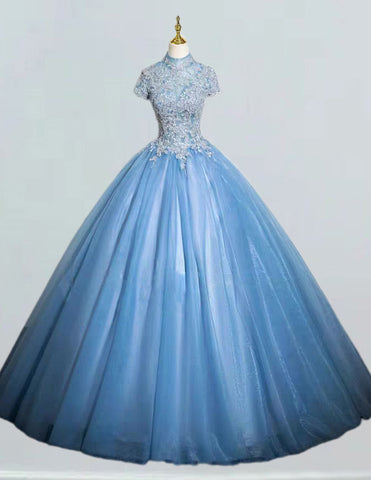 Elegant blue tulle ball gown with lace applique and high collar for girls' formal events, including prom and bridesmaid dresses1