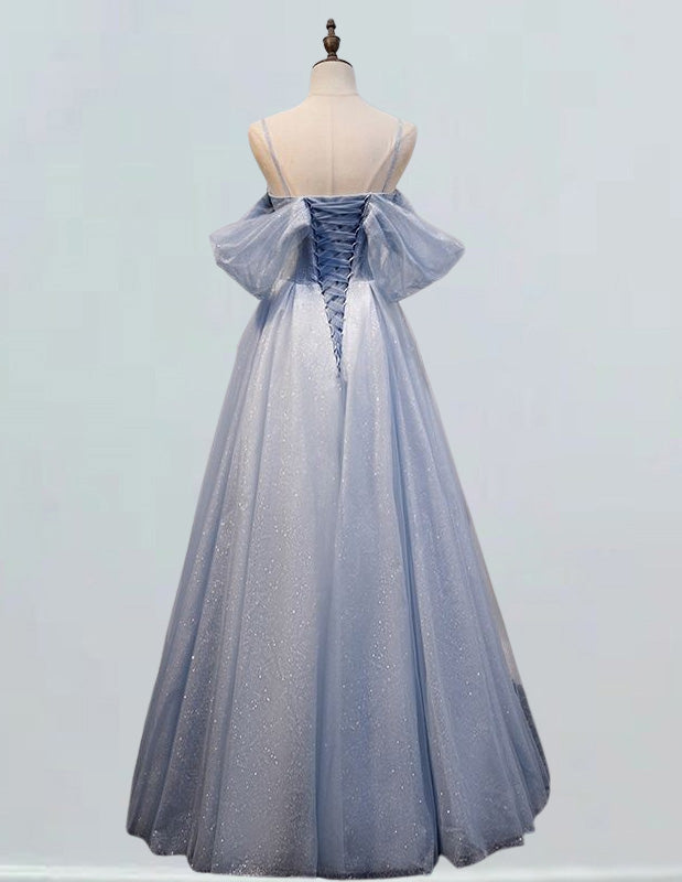 Elegant light blue tulle prom gown with sweetheart pleated top, perfect for formal events and bridesmaid attire1