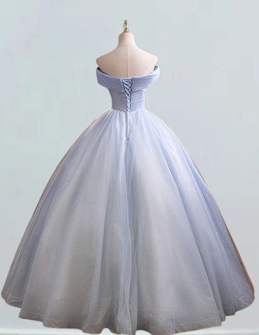 Blue off the shoulder lace applique long prom dress with sparkle tulle, suitable for weddings and evening events3