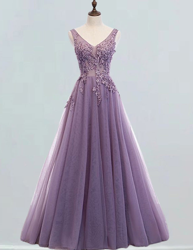 Elegant V-Neck Tulle Prom Dress with Beaded Rhinestones for Girls