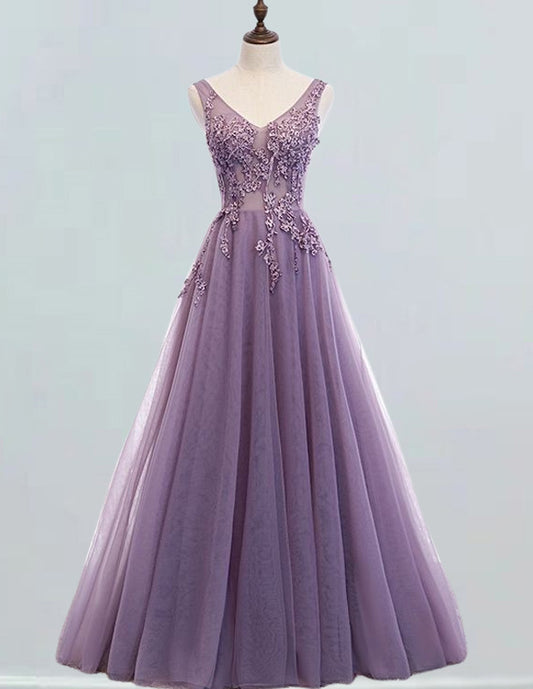 Elegant V-Neck Tulle Prom Dress with Beaded Rhinestones for Girls VIMYES