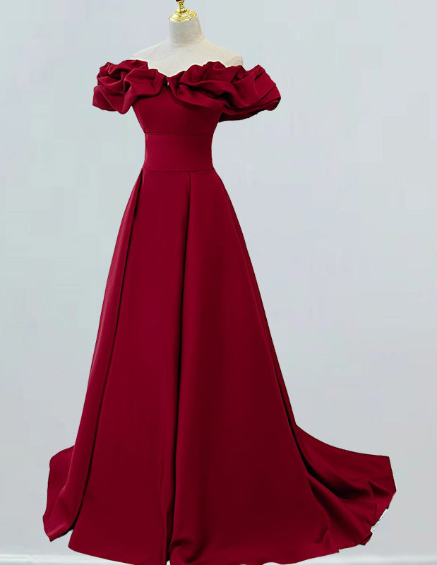 Elegant burgundy satin off-shoulder ruffle prom gown for girls2