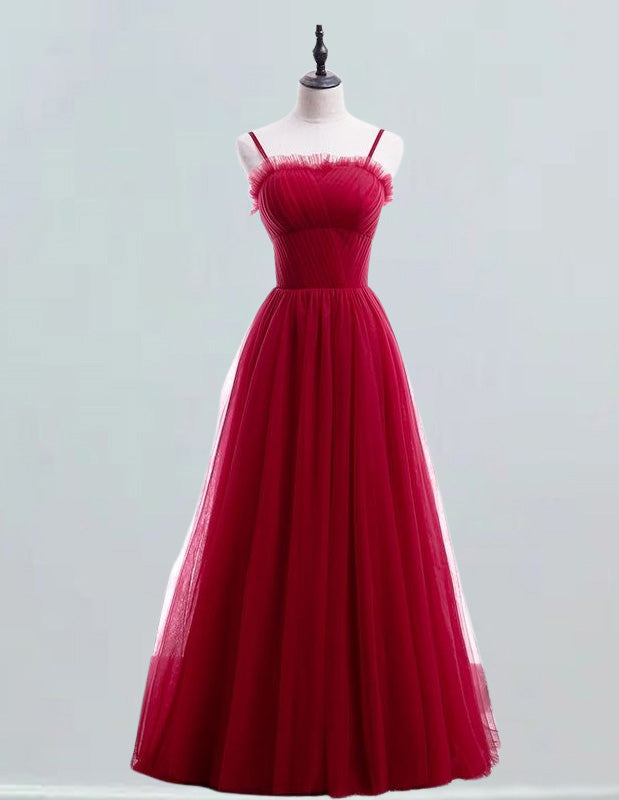 Elegant red tulle Quinceanera dress with spaghetti straps and pleated ball gown skirt for prom or formal events1