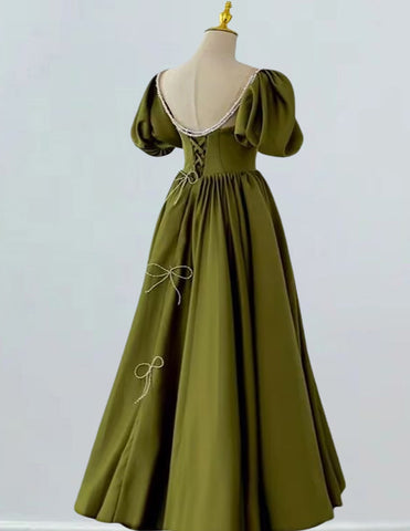 Green scoop short sleeve long satin ball gown for prom, elegant and modest evening dress with off shoulder and corset features2