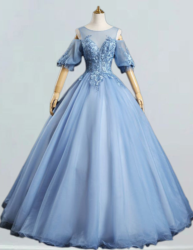 Elegant blue tulle Quinceanera dress with lace applique and sleeves for girls' formal events, including prom and bridesmaid occasions2