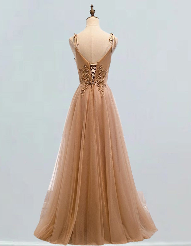 Elegant tulle prom dress with lace applique and spaghetti straps for girls2