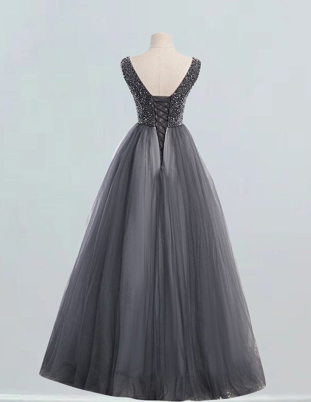 Elegant V-Neck Tulle Prom Dress with Rhinestone Beading for Girls2