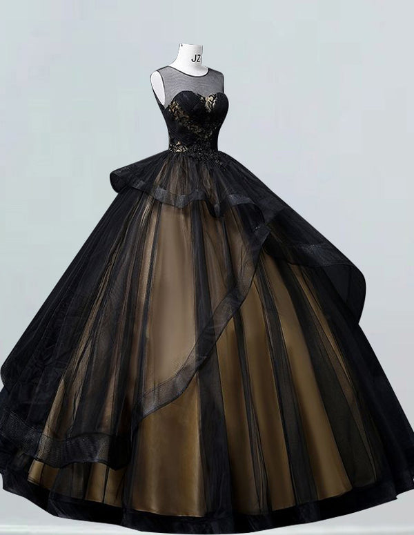 Black tulle ball gown with gold lace appliques and scoop neckline