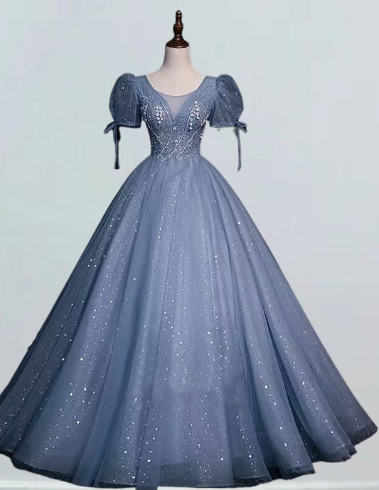 Elegant blue lace applique tulle prom gown with scoop neck, perfect for evening events and formal occasions0 VIMYES