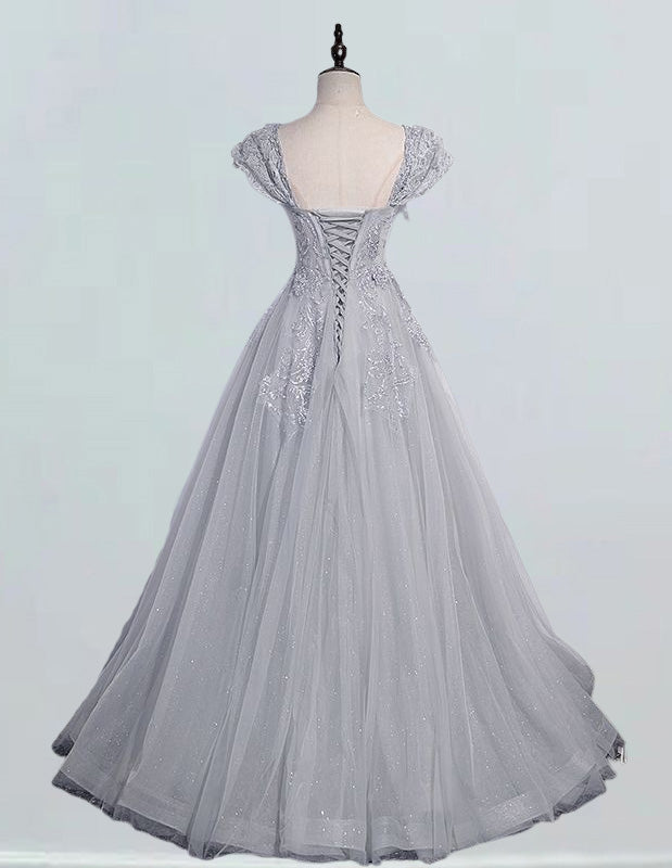 Elegant cap sleeve grey lace evening gown with sweetheart neckline, perfect for prom or as a bridesmaid dress