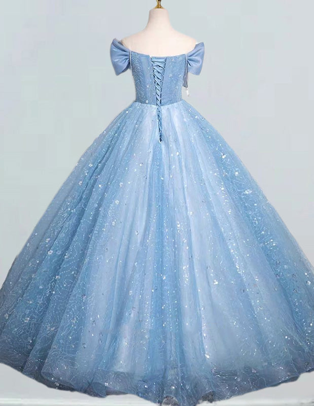 Elegant blue sparkle off-shoulder Quinceanera ball gown for girls' formal events, including prom and bridesmaid dresses0