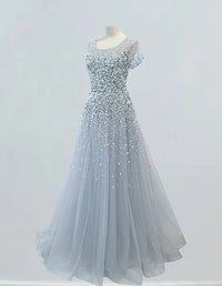 Elegant silver grey tulle prom gown with rhinestone detailing and sleeves for girls1