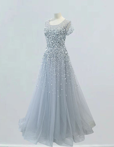 Elegant silver grey tulle prom gown with rhinestone detailing and sleeves for girls1