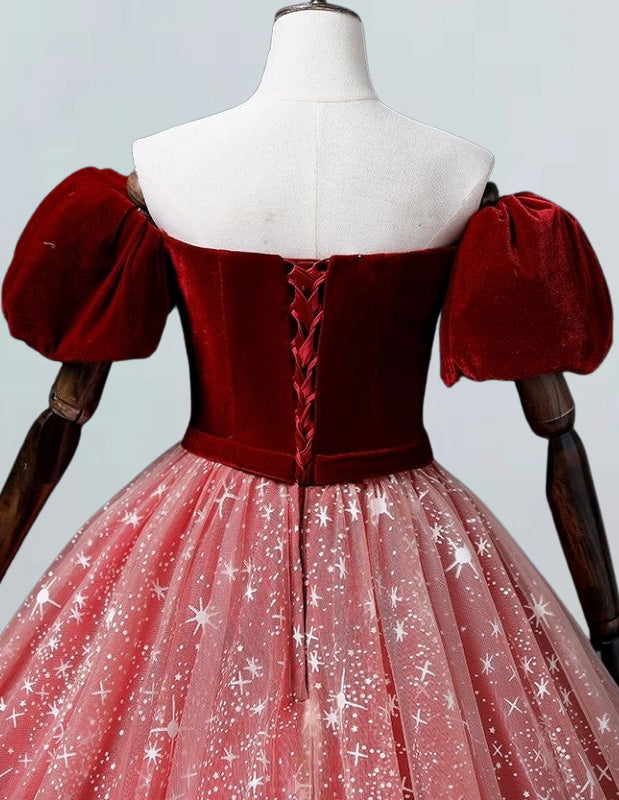 Elegant burgundy velvet off-shoulder ball gown with sparkle tulle for girls' formal events, including prom and bridesmaid dresses3