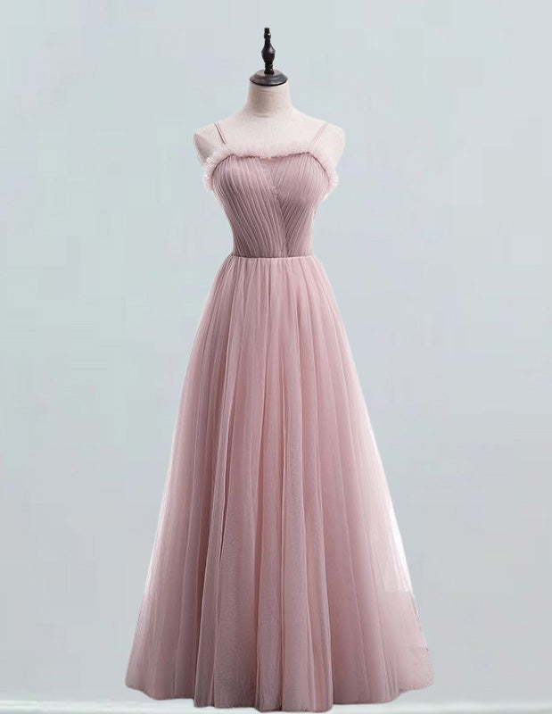 Elegant pink tulle evening gown for girls, fairy prom and bridesmaid dress with sleeves and off-shoulder design2