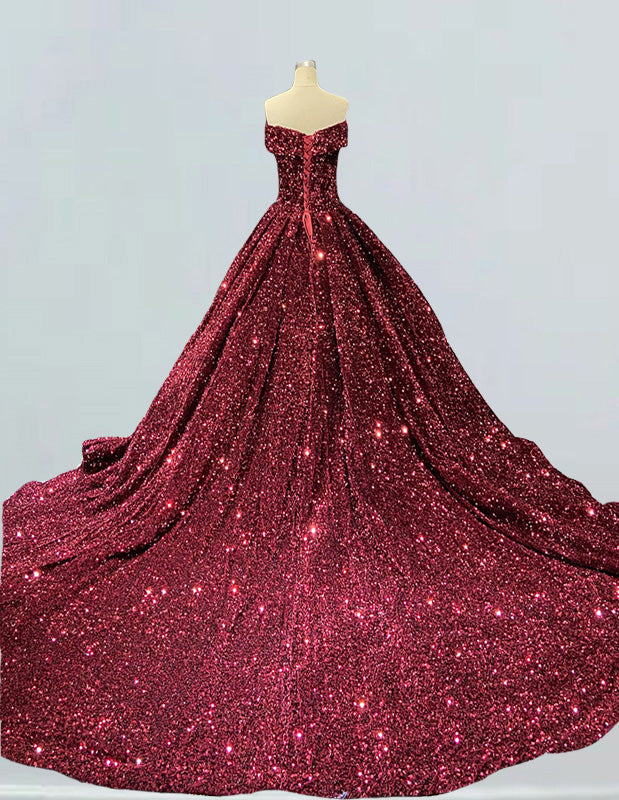 Burgundy velvet off-shoulder sequined prom gown with long train for girls2