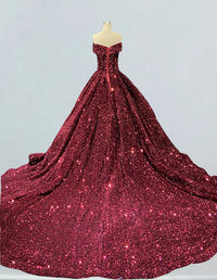 Burgundy velvet off-shoulder sequined prom gown with long train for girls2