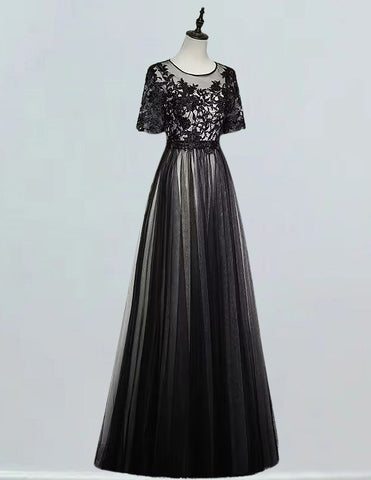 Elegant black lace applique tulle prom dress with boat neck for girls, perfect for formal events and princess parties1