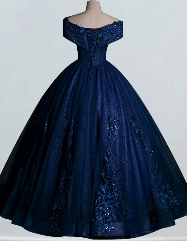 Dark navy off the shoulder lace applique beading ball gown prom dress Dark navy off the shoulder lace applique beading ball gown prom dress
