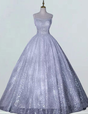 Elegant grey sequin prom ball gown with sweetheart spaghetti strap for girls - formal evening dress1