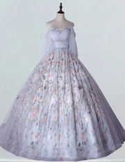 Grey Off-Shoulder Beaded Prom Gown with Sleeves | Elegant Evening Dress