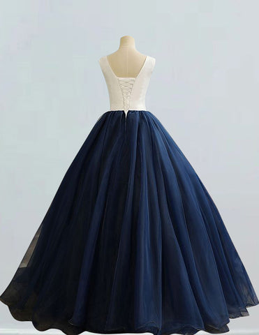 Navy Ivory Tulle Girls' Ball Gown with Lace Applique & Boat Neck for Prom and Formal Events1