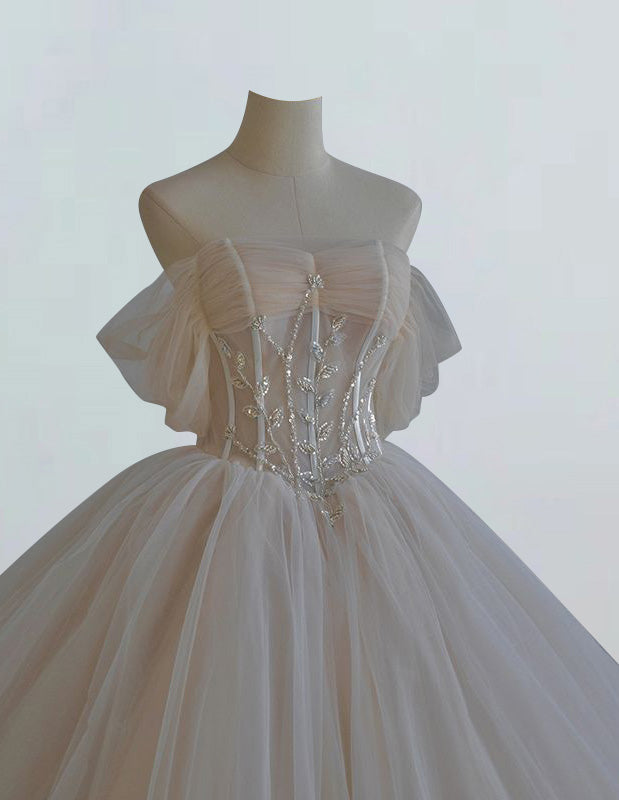 Champagne off the shoulder pleated beading short sleeve ball gown with ruffles and long tulle for prom or evening party1