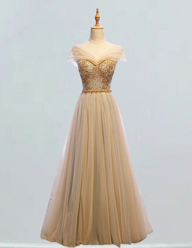 Elegant gold beaded off-shoulder bridal prom gown for girls with formal evening dress style0