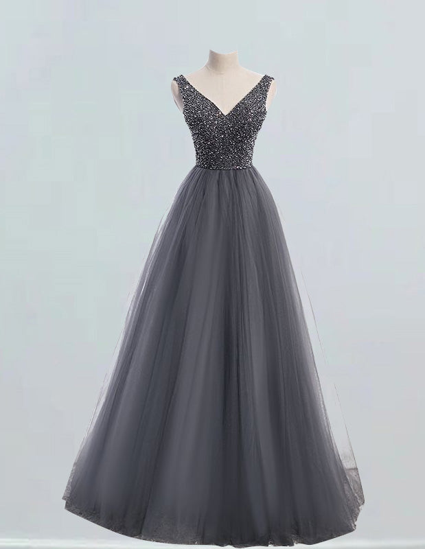 Elegant V-Neck Tulle Prom Dress with Rhinestone Beading for Girls3