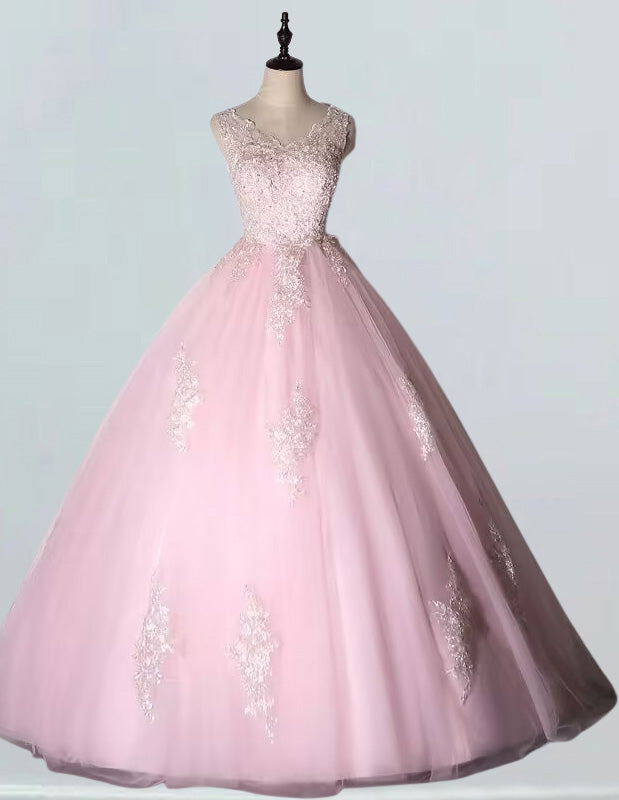 Elegant pink V-neck beaded lace ball gown for girls' prom and evening events1