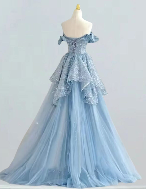 Elegant blue strapless sequin tulle prom and evening gown for girls