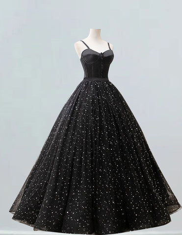 Elegant black tulle lace ball gown for girls with sparkle prom and evening dress features1