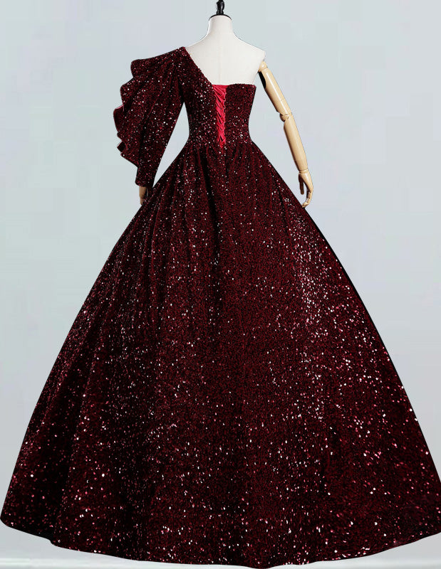 Burgundy one-shoulder sequin floor-length ball gown for quinceanera, elegant prom and bridesmaid dresses3