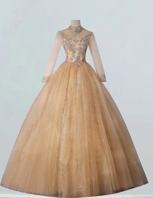 Elegant gold lace applique tulle ball gown for girls - perfect for prom, bridesmaid, and formal evening events1